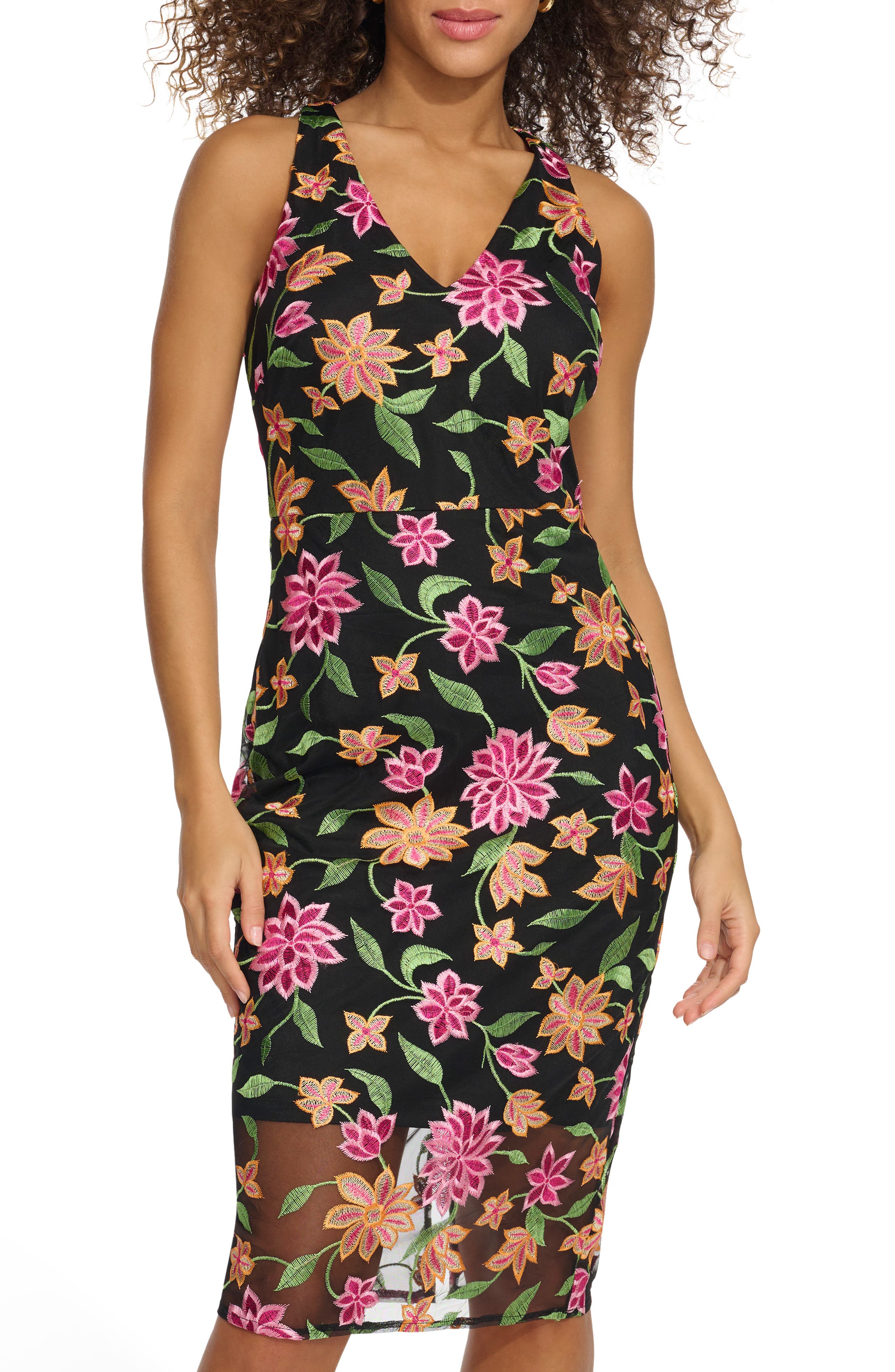 Floral Embroidered Mesh Sheath Dress