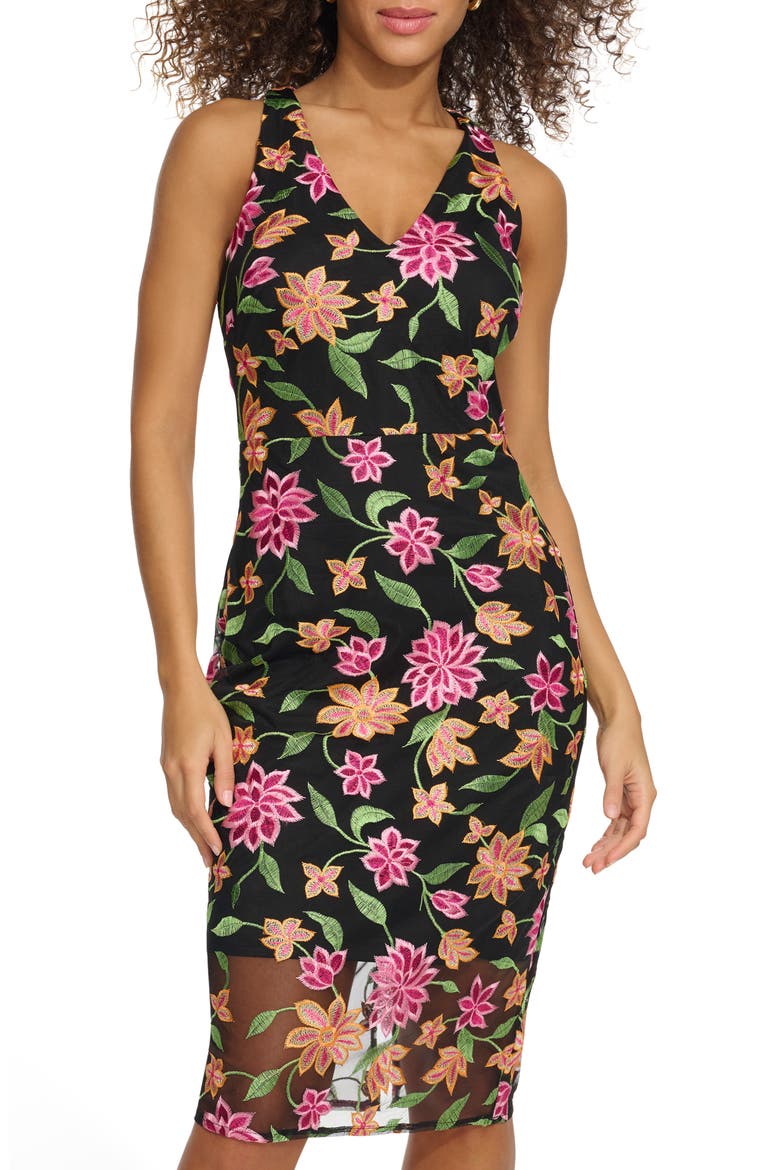 Floral Embroidered Mesh Sheath Dress, Alternate, color, BLACK MULTI