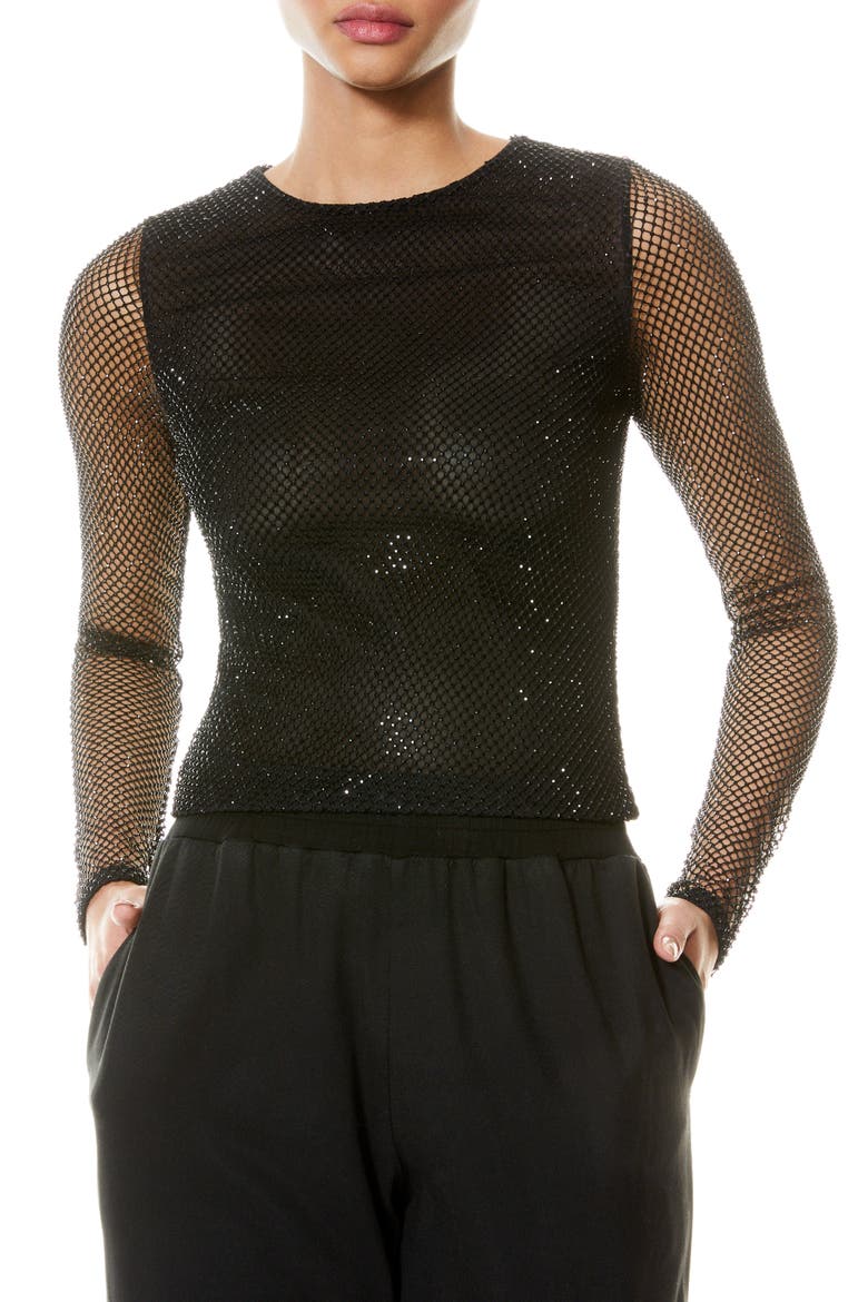 Delaina Mesh & Bead Embellished Long Sleeve Crop Top, Main, color, BLACK