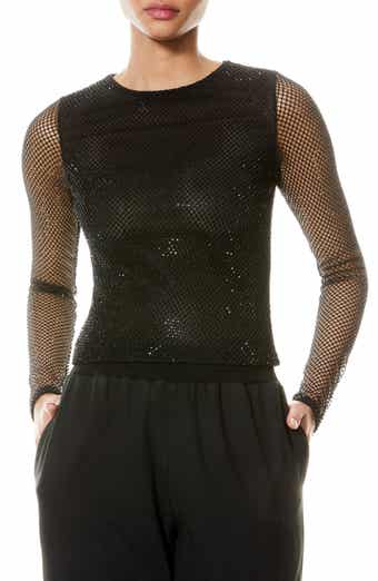 Alice + Olivia Delaina Mesh & Bead Embellished Long Sleeve Crop Top