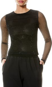 Alice + Olivia Delaina Mesh & Bead Embellished Long Sleeve Crop Top