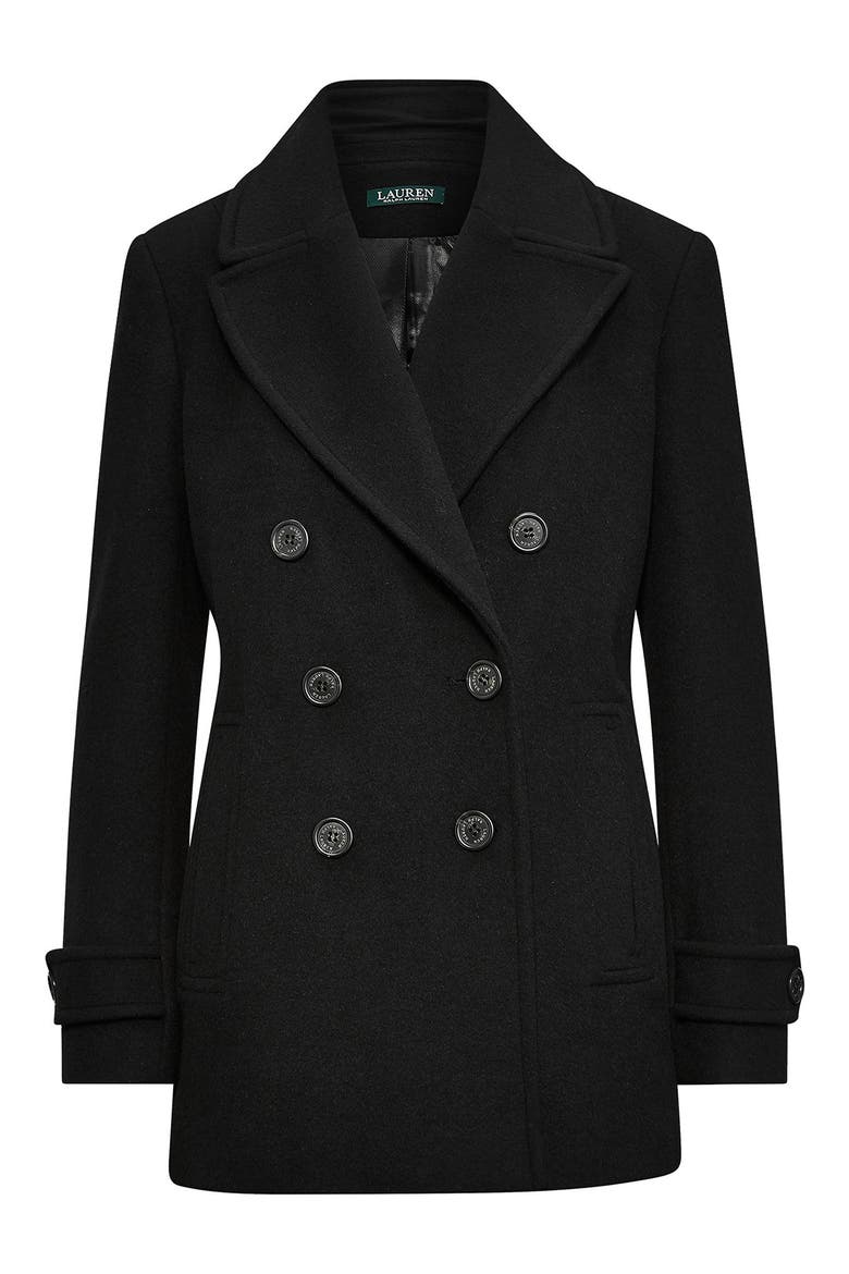 Double Breasted Wool Blend Peacoat, Alternate, color, BLACK