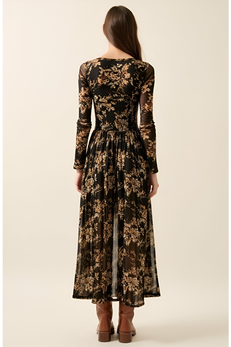 Floral Mesh Midi Dress with Contour Bodice, Alternate, color, Floral Mesh