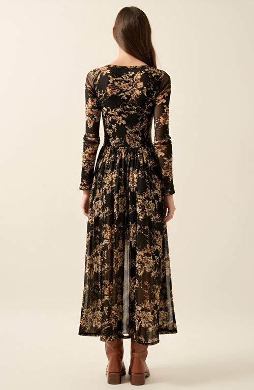 Modenaire Floral Mesh Midi Dress With Contour Bodice In Multi
