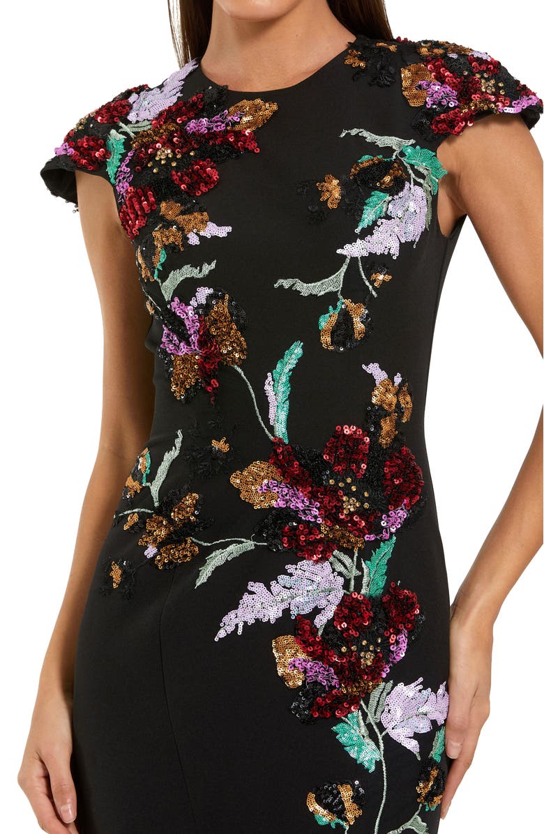 Mac Duggal Crepe Mermaid Gown With Floral Embroidery, Alternate, color, Black Multi