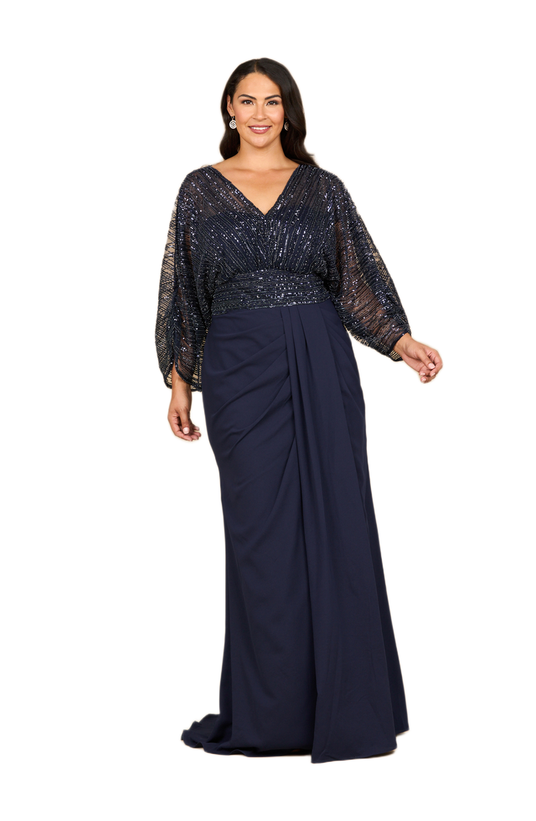LARA New York Draped Skirt Gown with Cape Sleeves, Main, color, Navy