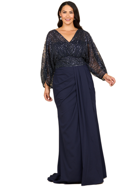 Draped Skirt Gown with Cape Sleeves