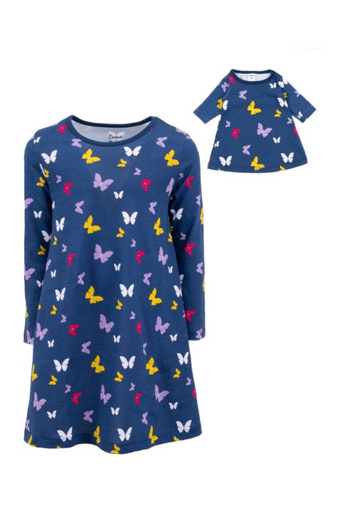 Girls Cotton Dress with Matching Doll Dress, Printed Design