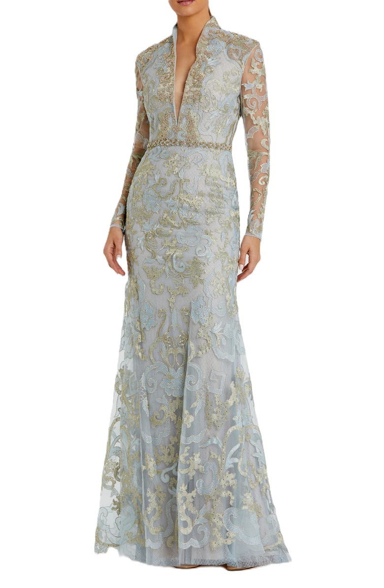 Mac Duggal Long Sleeve Applique V-Neck Gown, Main, color, Powder Blue