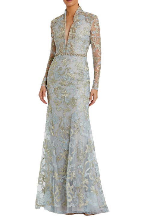 Long Sleeve Applique V-Neck Gown