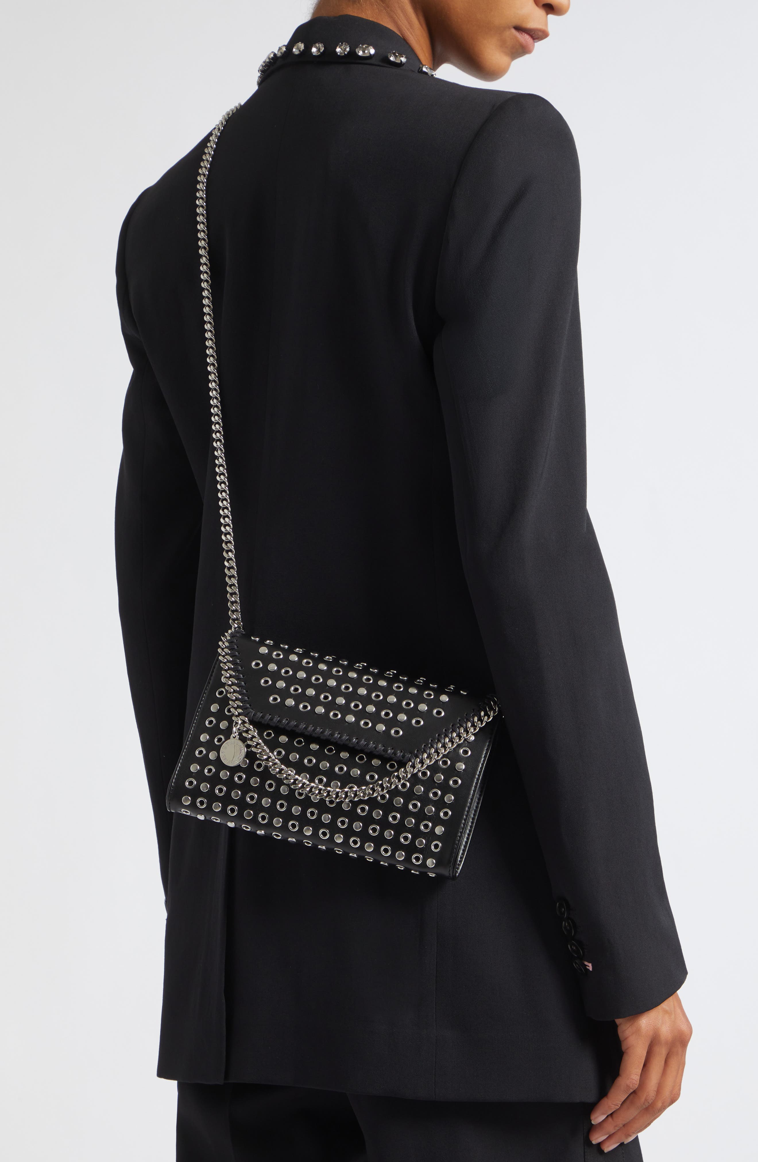 Falabella Studded Faux Leather Wallet on a Chain, Alternate, color, BLACK