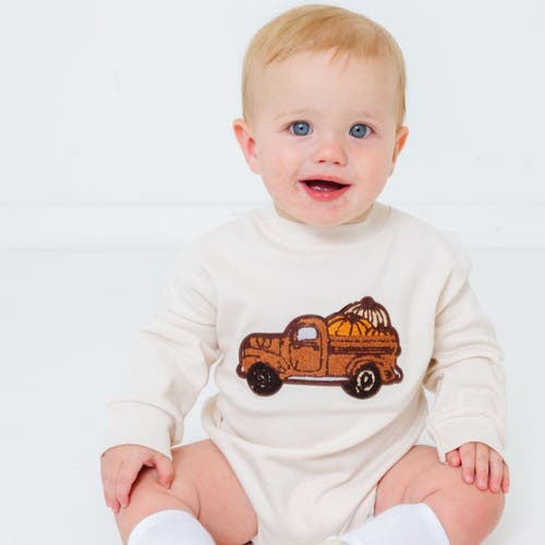 Sweet Wink Fall Truck Patch Long Sleeve Romper In Neutral