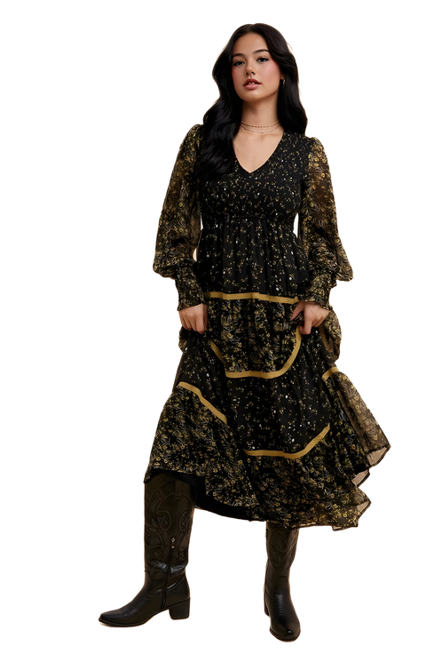 Floral Tiered Long Sleeve Midi Dress With Contrast Trim