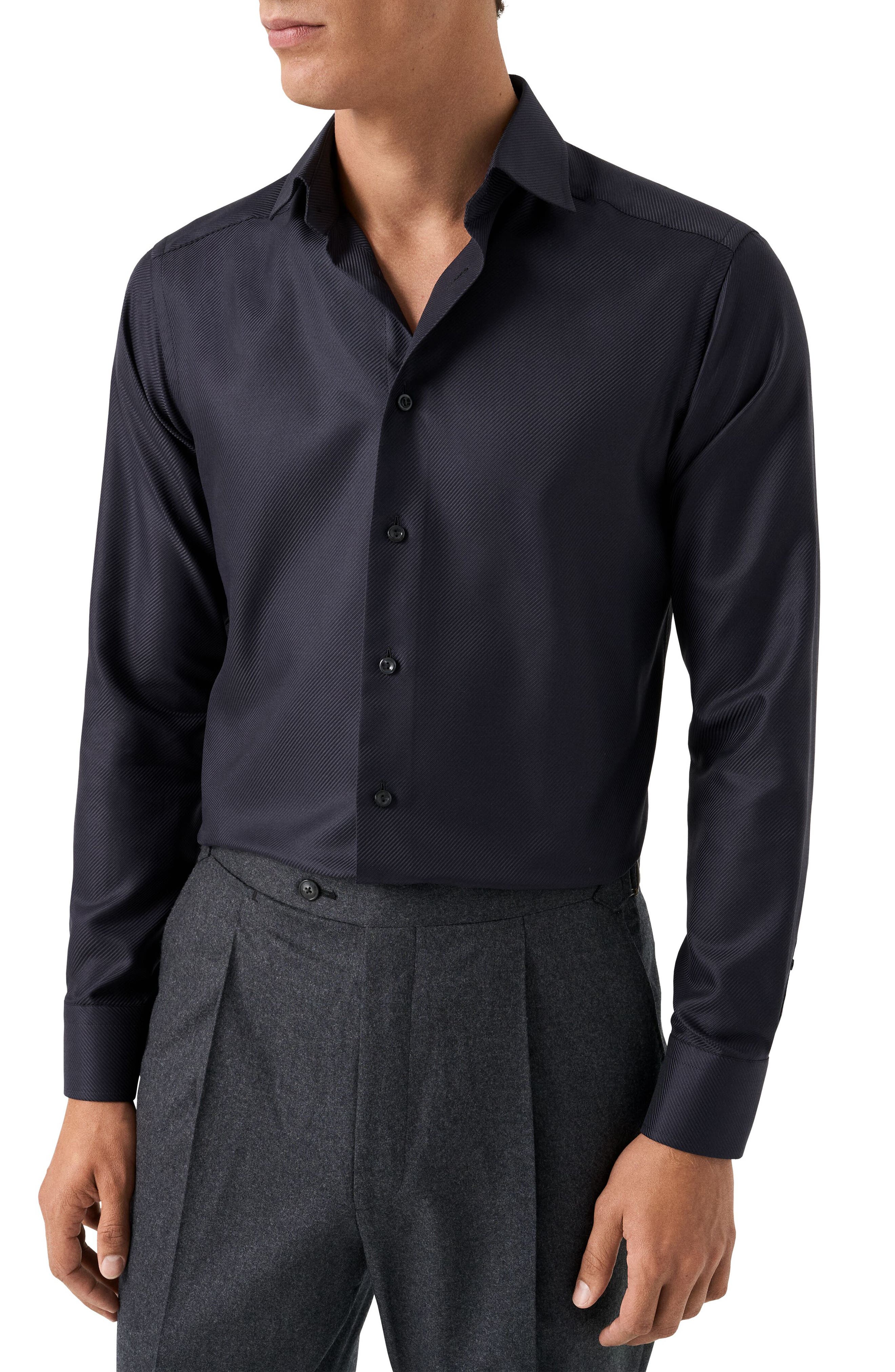 Eton Contemporary Fit Black Diagonal Weave Cotton Dobby Dress Shirt