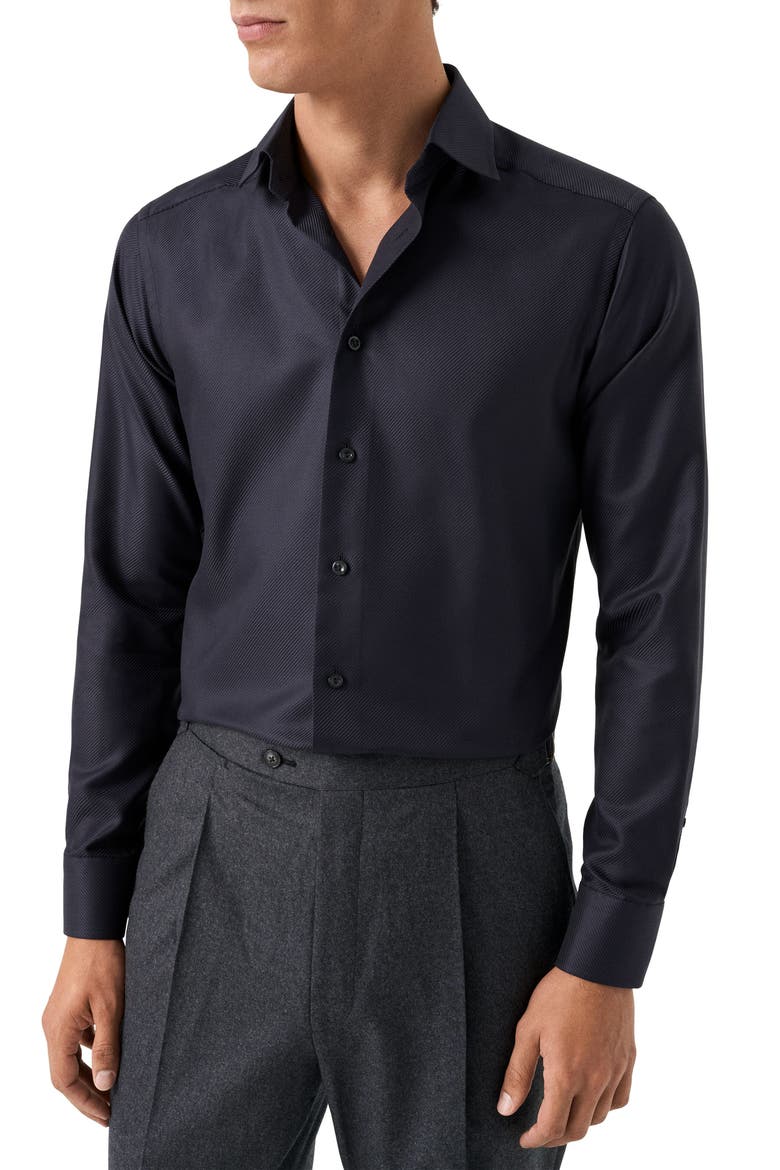Contemporary Fit Black Diagonal Weave Cotton Dobby Dress Shirt, Main, color, BLACK