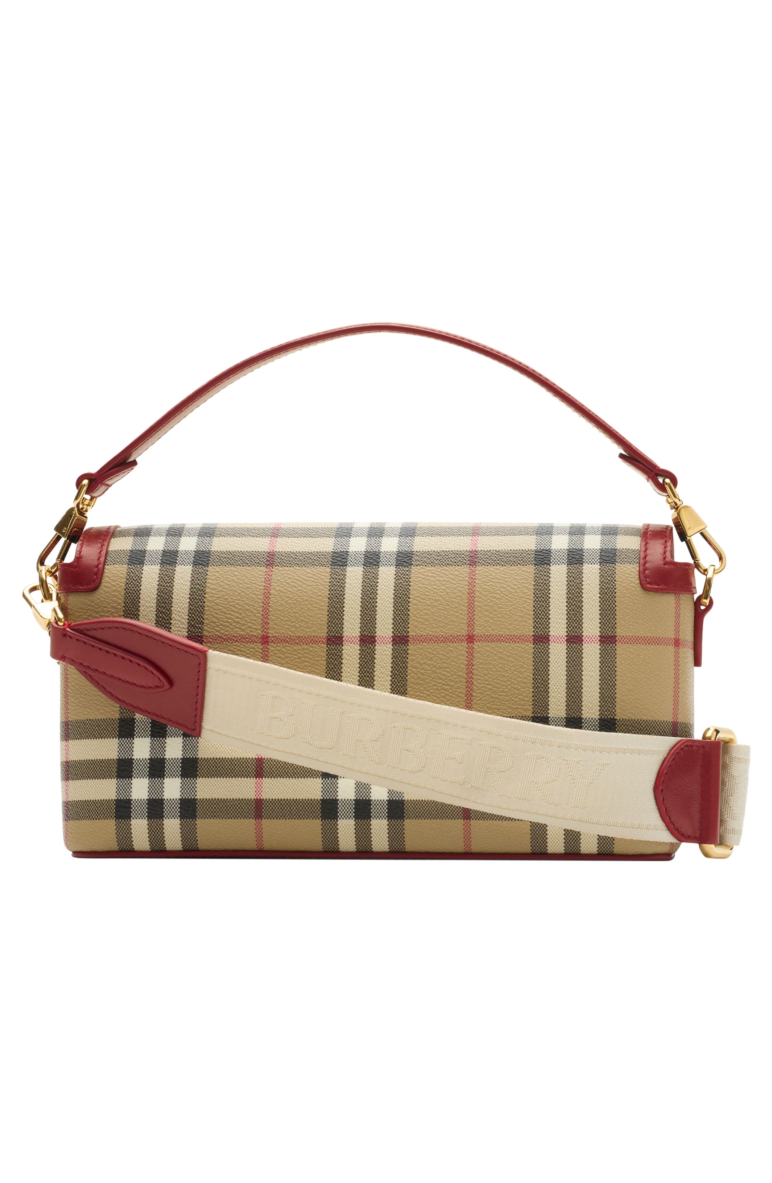 Burberry Small Note Check & Leather Crossbody Bag, Alternate, color, Vintage Check/ Ruby