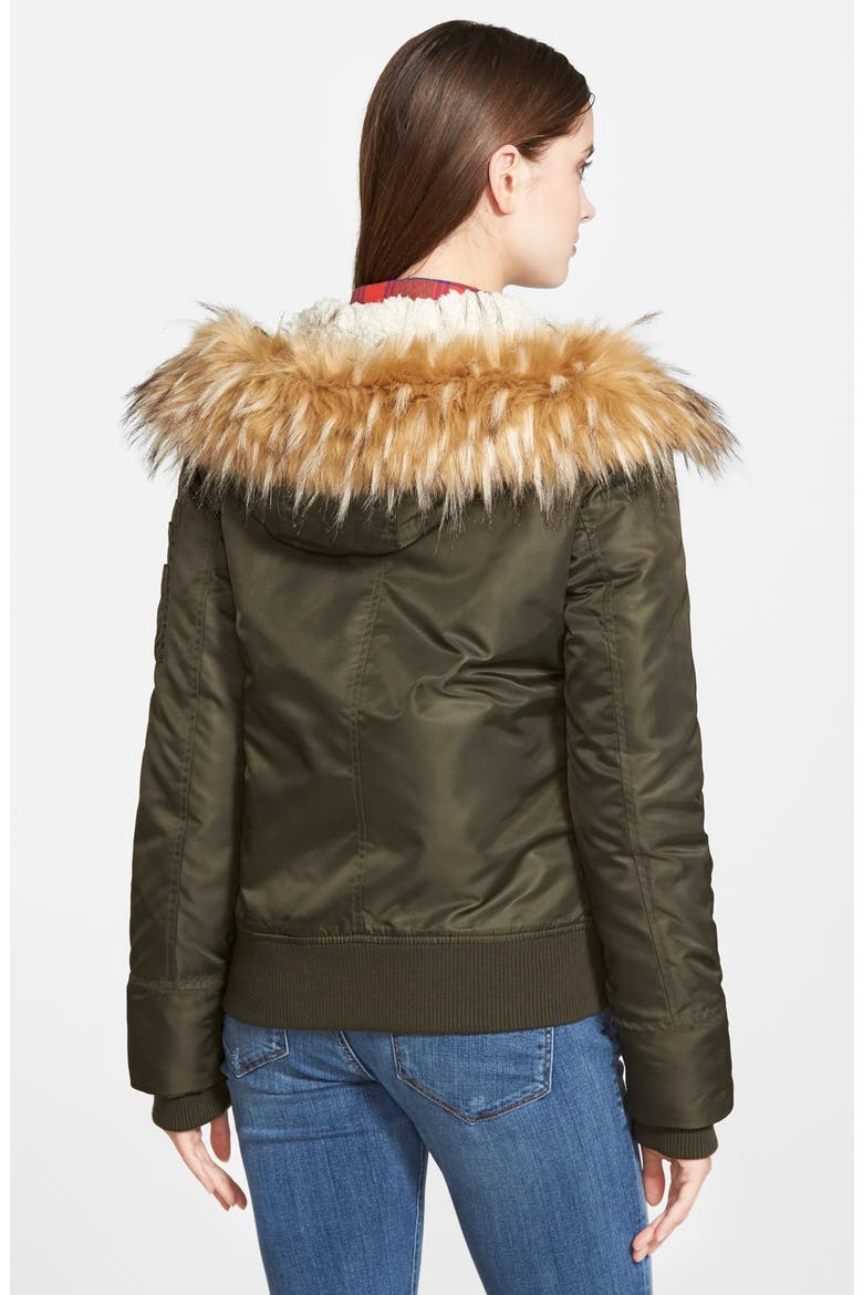 Hooded Satin Bomber Jacket with Faux Fur Trim & Faux Shearling Lining, Alternate, color, OLIVE
