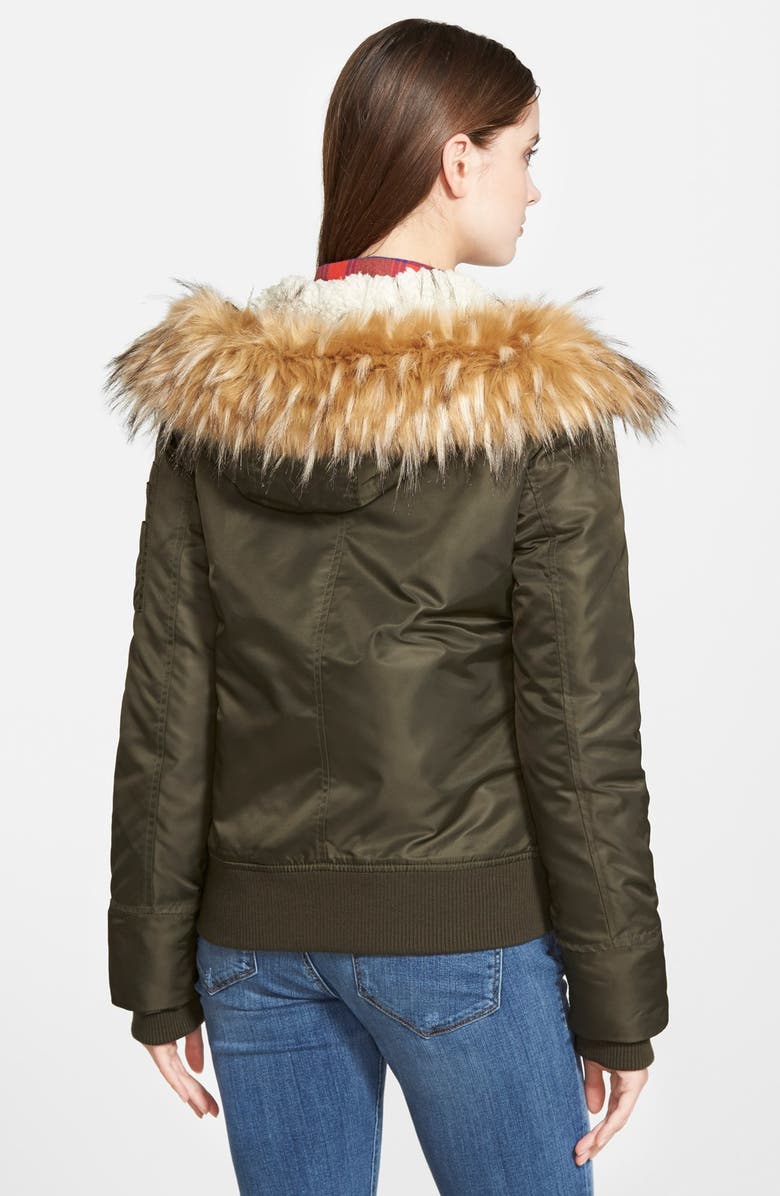 GUESS Hooded Satin Bomber Jacket with Faux Fur Trim & Faux Shearling Lining, Alternate, color, 