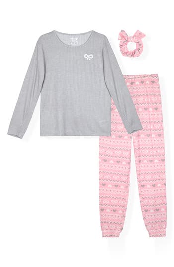 Sleep On It Kids' Whisper Two-piece Hacci Knit Pajamas & Scrunchie Set In Gray