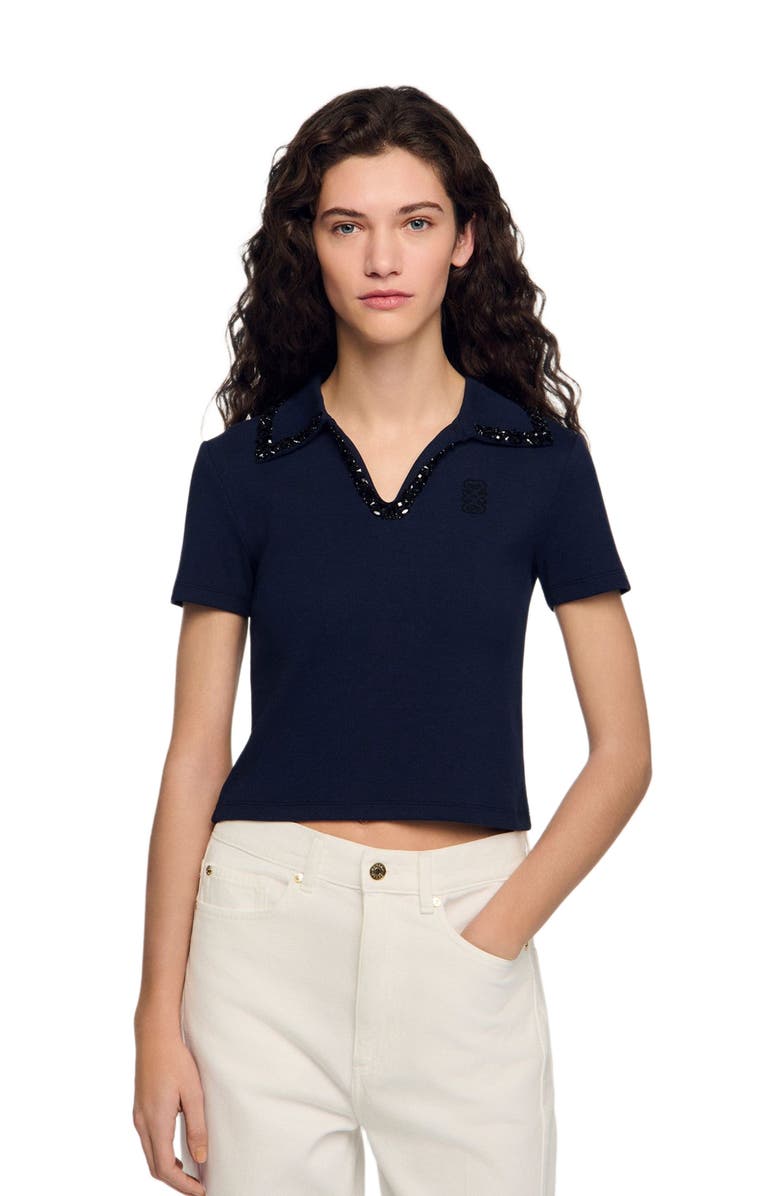 SANDRO Pearl collar polo, Main, color, Navy Blue