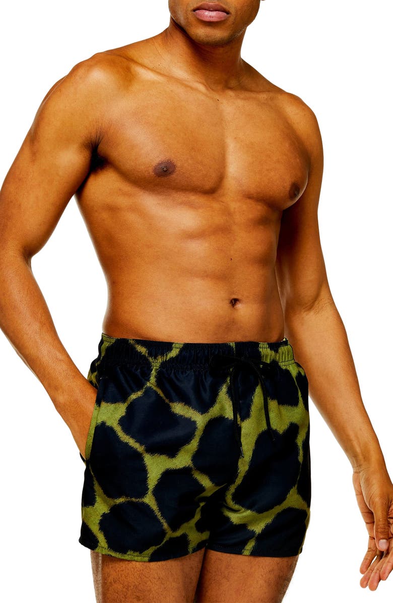Topman Giraffe Print Swim Trunks, Main, color,