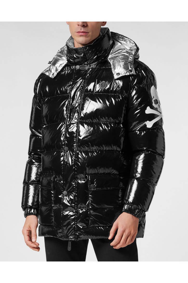Oversize Nylon Puffer Jacket Skull&amp;bones Men, Main, color, black