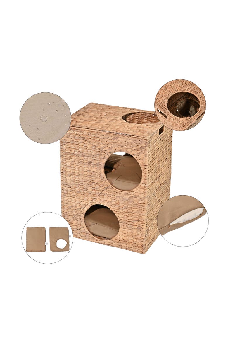 Jaxon 18" 2-Tier Handwoven Hyacinth Rectangular 5-Hole Cat Condo, 2 Machine-Washable Cushions, Alternate, color, Natural