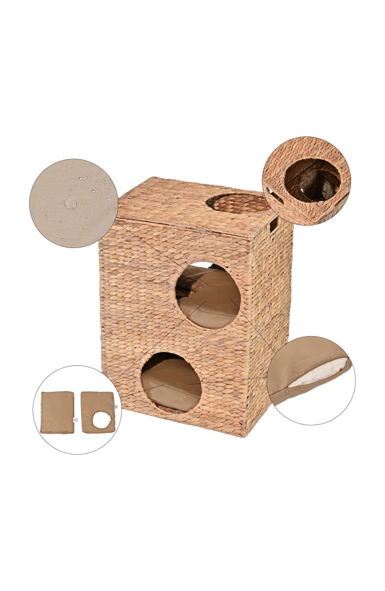The Licker Store Jaxon 18" 2-Tier Handwoven Hyacinth Rectangular 5-Hole Cat Condo, 2 Machine-Washable Cushions, Alternate, color, Natural