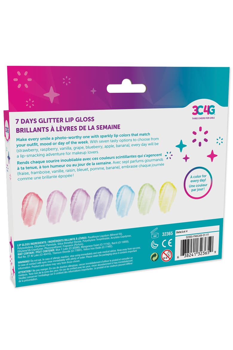 3C4G 7 Days Glitter Lip Gloss 7 Piece Wand Fruit Flavored Set, Alternate, color, Multicolored