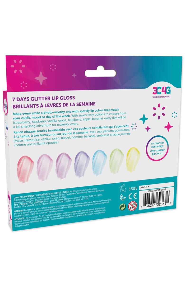 Three Cheers For Girls 3C4G 7 Days Glitter Lip Gloss 7 Piece Wand Fruit Flavored Set, Alternate, color, Multicolored