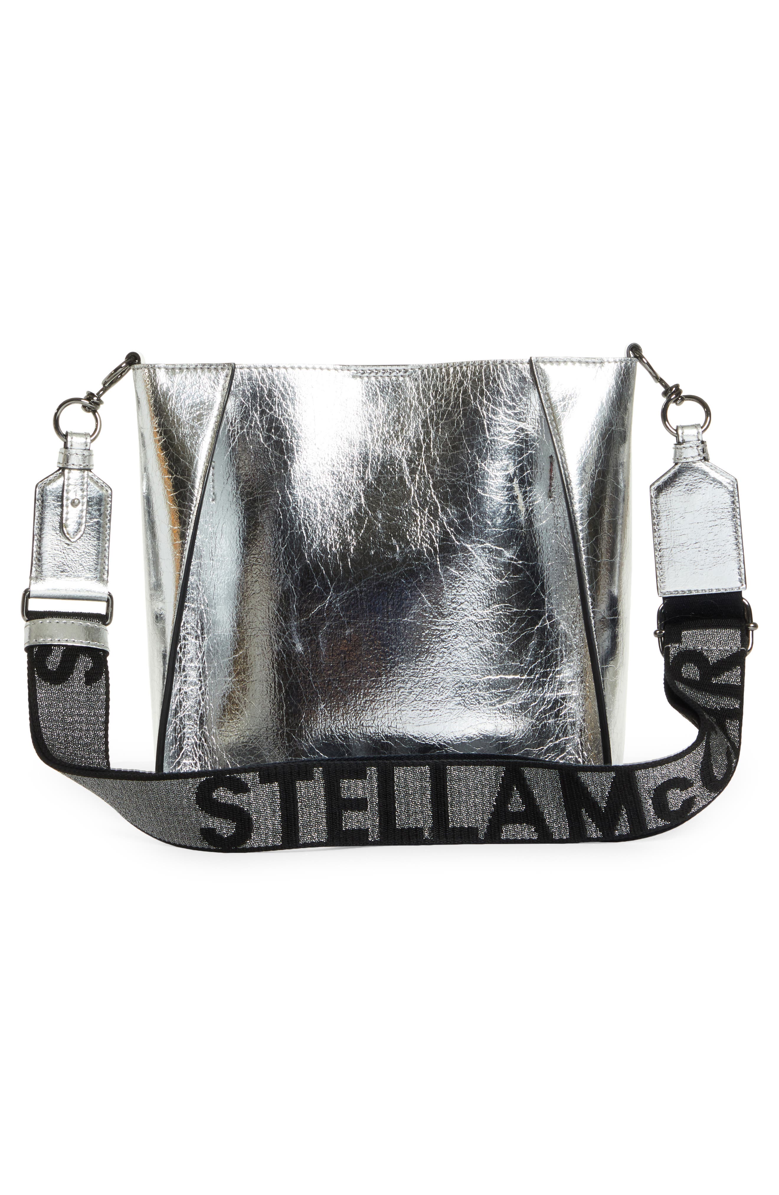 Stella McCartney Mini Perforated Logo Metallic Faux Leather Crossbody Bag, Alternate, color, 