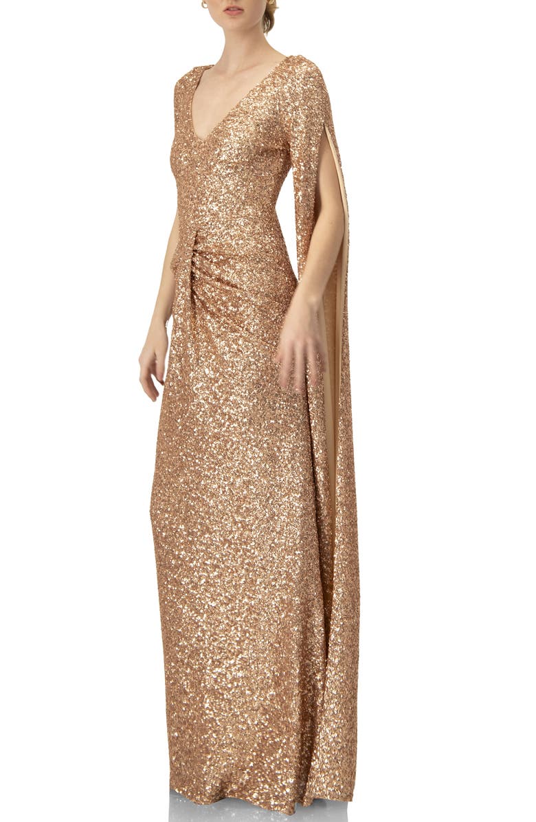IVONNE Long Sleeve V-Neck Sequin Evening Dress with Slit, Alternate, color, Light Pink