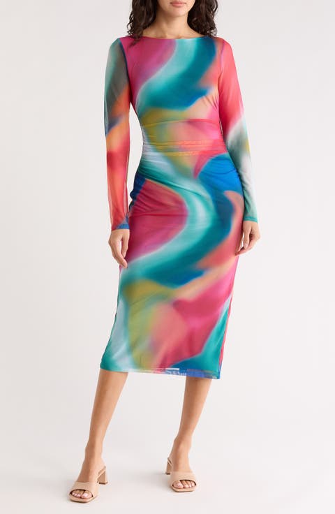 Long Sleeve Ruched Mesh Body-Con Dress