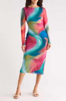 Vince Camuto Long Sleeve Ruched Mesh Body-Con Dress