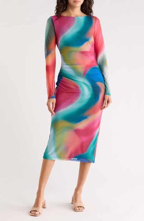 Vince Camuto Long Sleeve Ruched Mesh Body-Con Dress