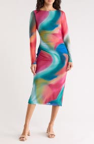 Vince Camuto Long Sleeve Ruched Mesh Body-Con Dress