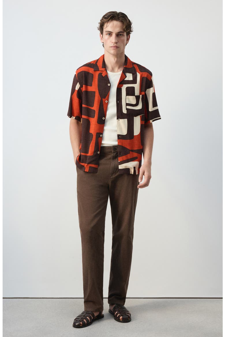Geo Print Bowling Shirt, Alternate, color, BURNT ORANGE