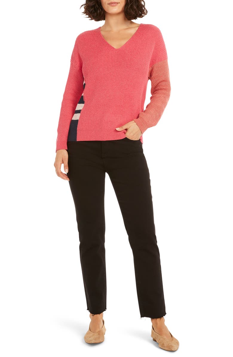 NIC+ZOE Colorblock V-Neck Rib Sweater, Alternate, color, Pink Multi