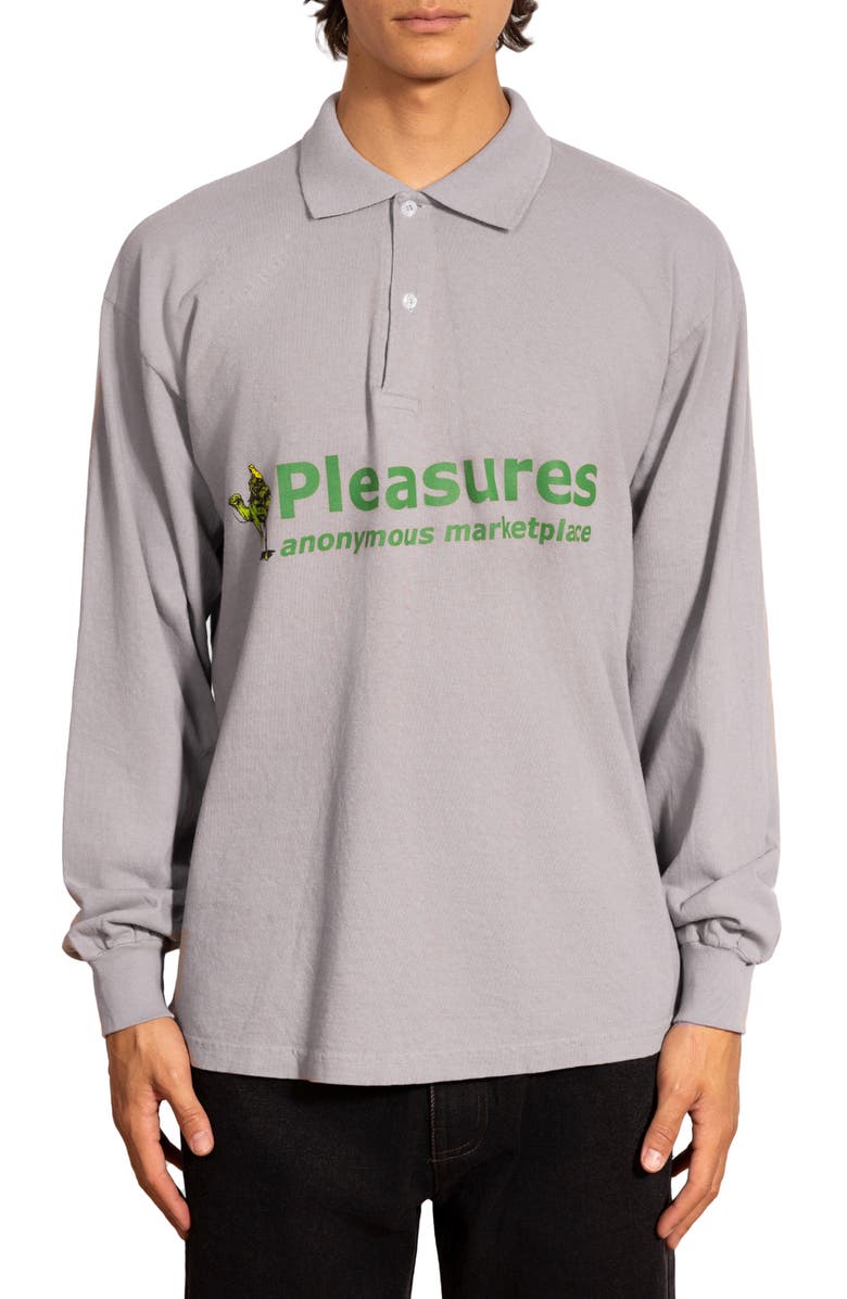 PLEASURES Exchange Long Sleeve Cotton Graphic Polo, Main, color, Grey