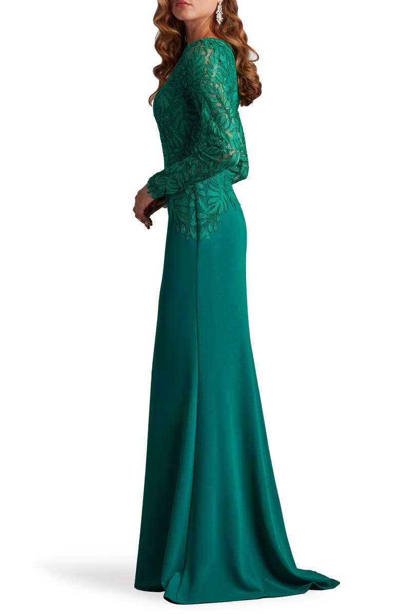 Tadashi Shoji Embroidered Leaf Print Long Sleeve Gown, Alternate, color, Emerald