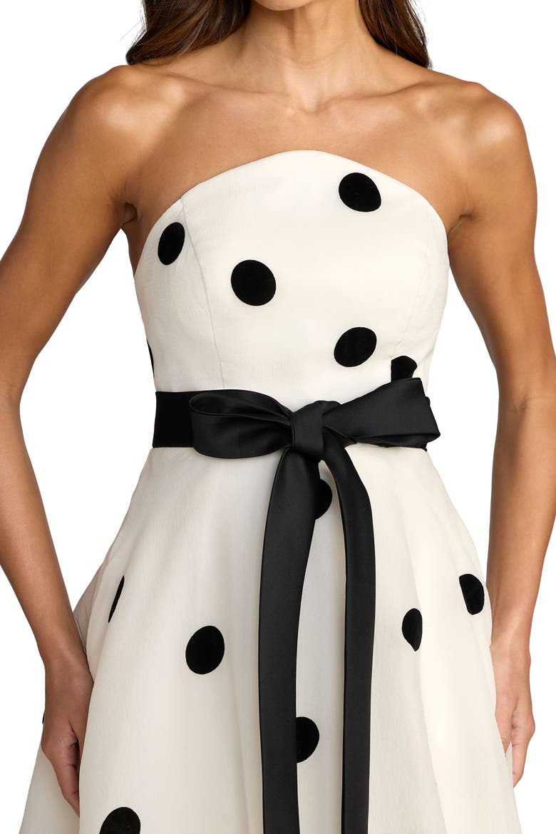 Strapless Polka Dot Organza Ball Gown with Satin Bow, Alternate, color, Black Ivory