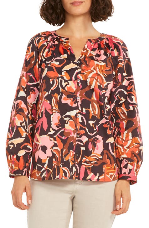 Autumn Flowers Split Neck Button-Up Blouse