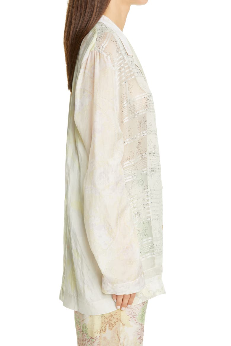 One of a Kind Mixed Print Silk Lounge Shirt, Alternate, color, BROKEN WHITE WITH PRINT