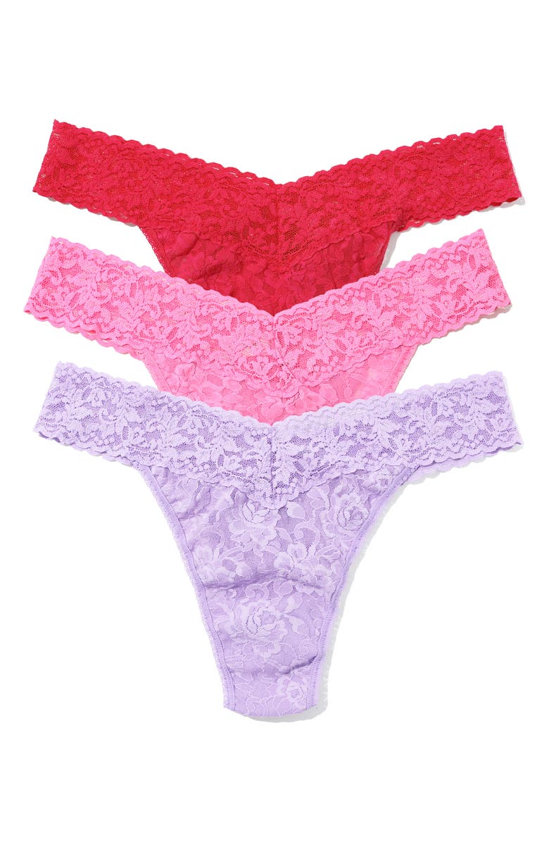Hanky Panky Matchbox Assorted 3-Pack Original Rise Thongs, Main, color, Cool Lavender/ Taffy/ Coral