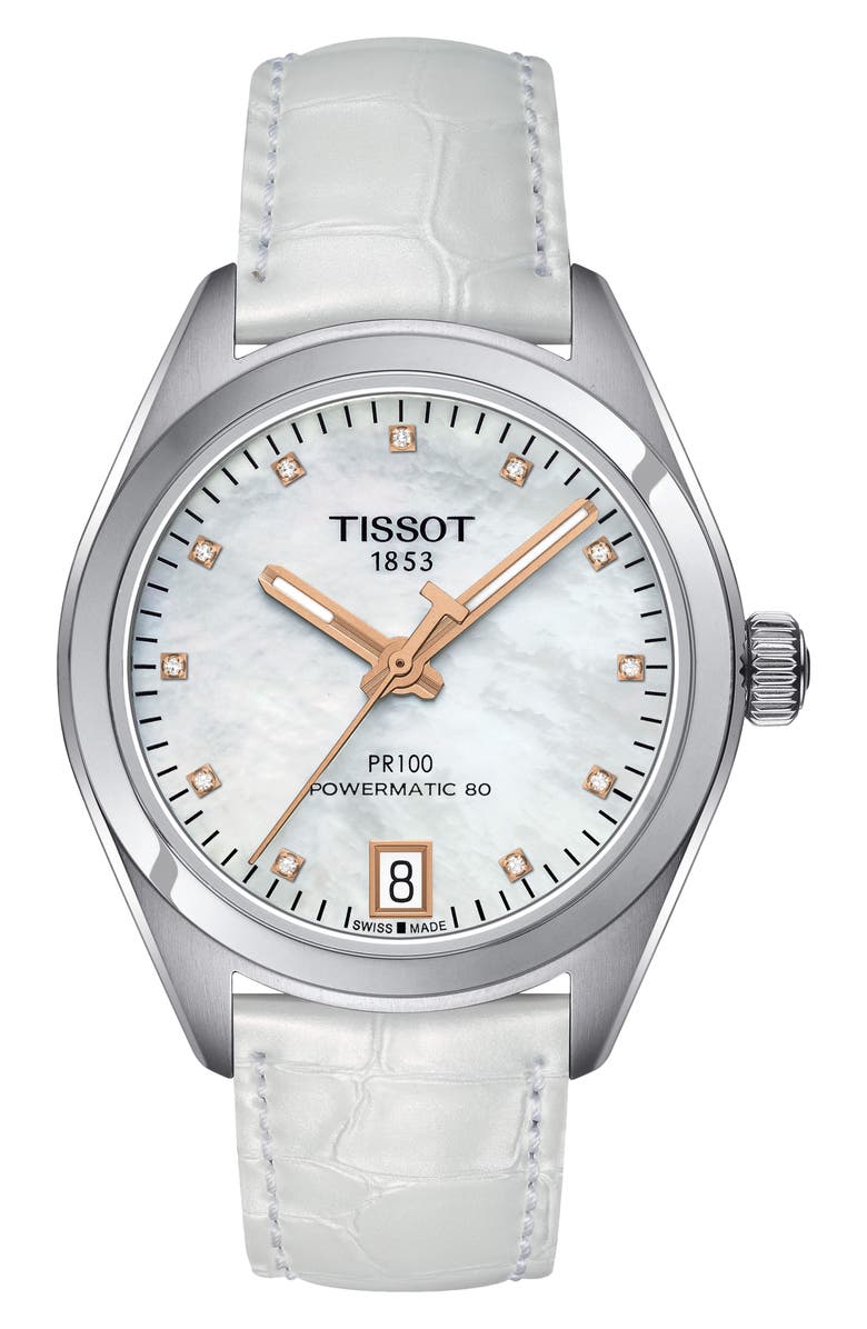 Tissot Women's PR 100 Auto Classic Croc Embossed Leather Strap Watch, 33mm, Main, color,