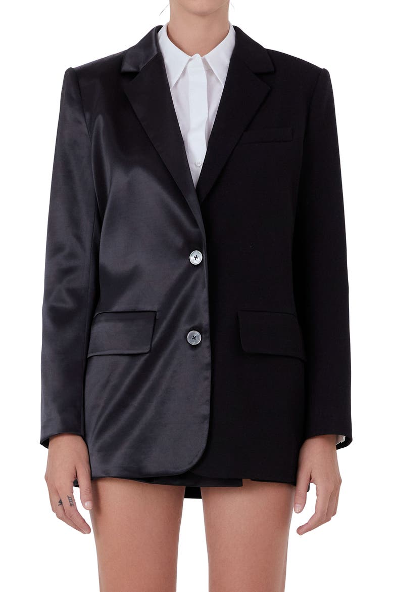 Mixed Media Satin Suit Blazer, Alternate, color, BLACK