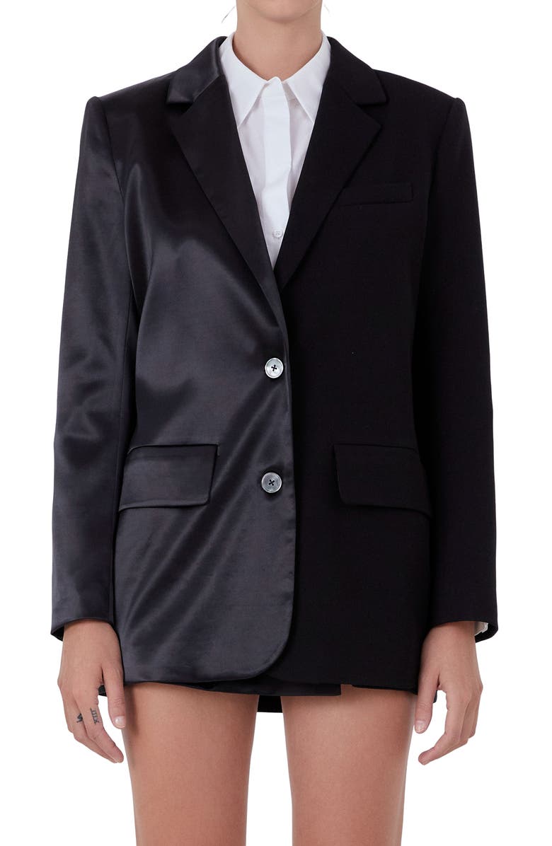 Endless Rose Mixed Media Satin Suit Blazer, Alternate, color, Black