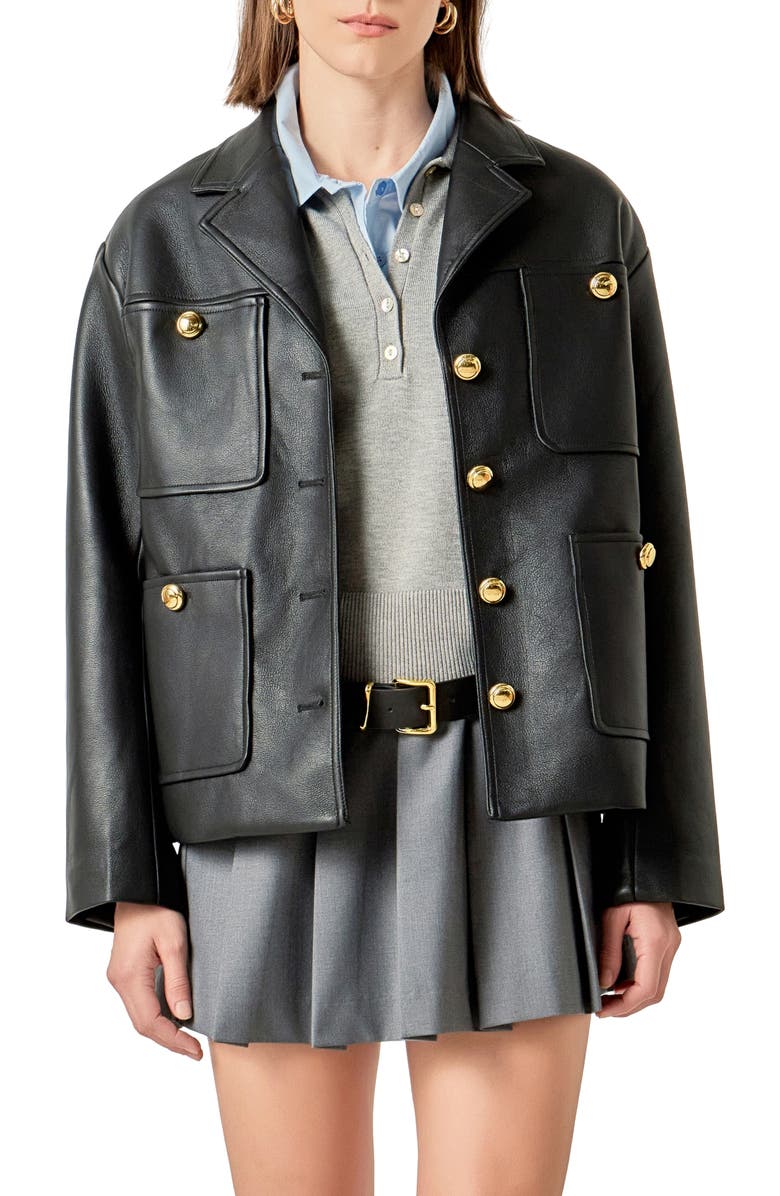 English Factory Drop Shoulder Faux Leather Jacket, Main, color, Black