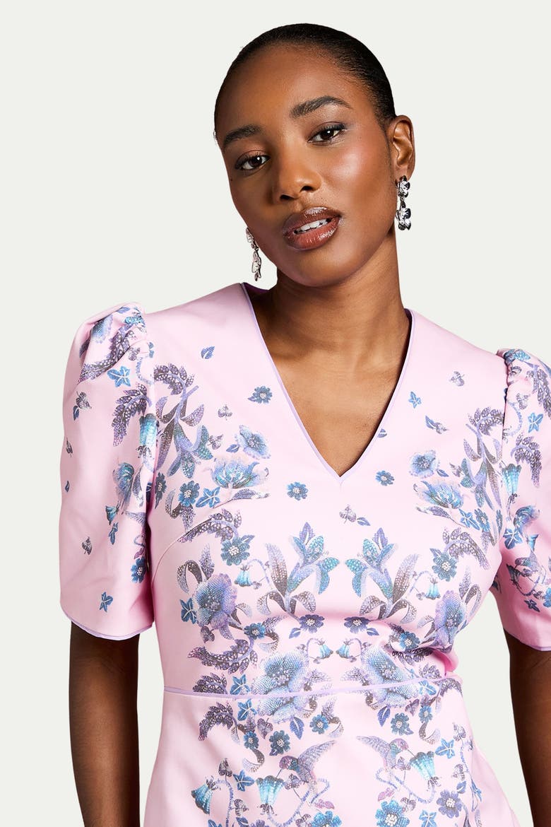 Puff Sleeve Floral Cotton Pencil Dress, Alternate, color, Lilac