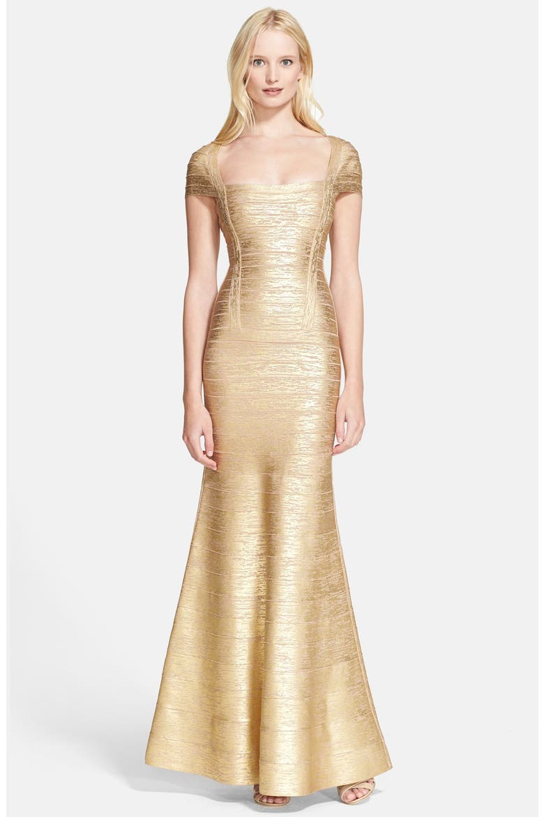 Foiled Flared Bandage Gown, Main, color, GOLD CHAMPAGNE